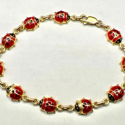 14KT Gold Bracelet — Hand Painted Ladybug Jewelry