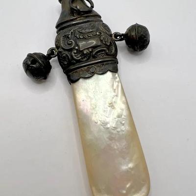 Sterling Silver Mother of Pearl Antique Baby Rattle, Whistle, & Teether