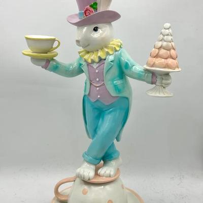 Cottontail Lane Mad Hatter Easter Bunny 15” Figure Macaroon Tree and Tea Cups