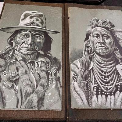 (2) 1990 Hand-Painted Native American Portraits on Slate — “Sitting Bull” & “Plenty Coups”