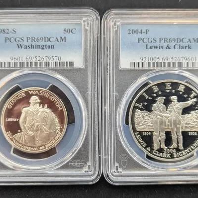 1982-S Silver Washington 50 Cent Commemorative & 2004-P Lewis Clark Silver Dollar PCGS Graded 