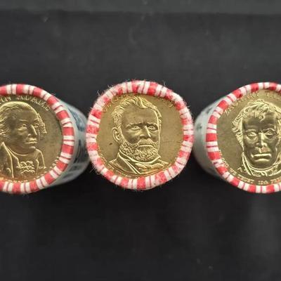 3 $25 Presidential BU Mint Issued Rolls, Zachary Taylor, John Adams, Ulysses S. Grant