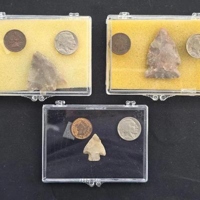 3 Buffalo Nickel/Indian Cent & Arrow Head Sets