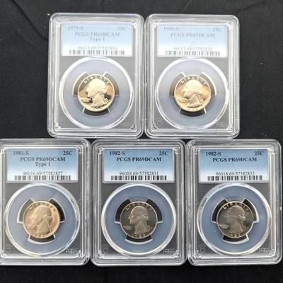 5 PCGS Graded Washington Quarters Proof 69DCAM