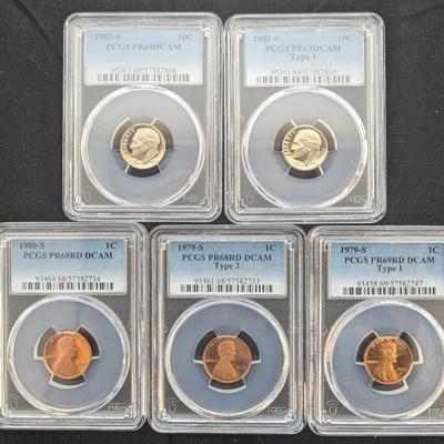 3 PCGS PR69DCAM Lincoln Proof Cents & 2 PCGS PR69DCAM Roosevelt Dimes