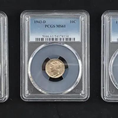 Mercury Dimes 1942-P MS61, 1943-D MS61, 1943-D MS62FB PCGS 