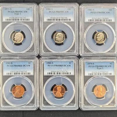 3 PCGS Proof Graded Lincoln Cents & 3 PCGS Graded Roosevelt Dimes 