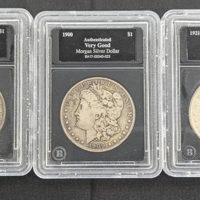 Morgan Silver Dollars 1900, 1921-P, 1921-D, Graded VG 
