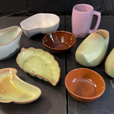 Assorted Frankoma Pottery – Shoe Planters, Mug, Leaf Dishes & More