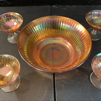 Vintage Iridescent Marigold Carnival Glass Bowl With 4 Matching Dessert Cups