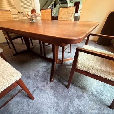 1966 Frank Bros. Walnut Dining Table with 6 chairs, protective cover & 2 leaves