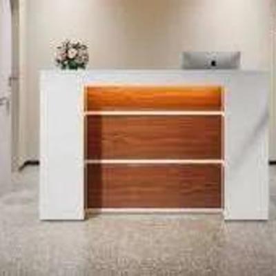 Rectangular White Brown Wood Reception Desk LED Lights, Modern Computer Desk for Checkout, Lobby