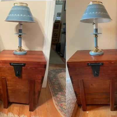 Vintage Wooden Storage Boxes/Night Stands With matching Vintage Blue Toleware Torchiere-style Lamps