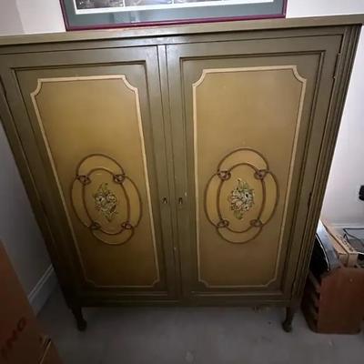 Vintage Painted Wood Armoire - Ornate Floral Two-Door Cabinet