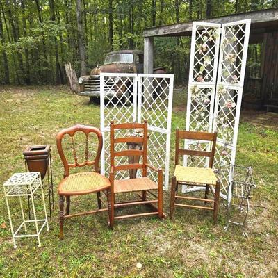 Vintage Caned & Rush Seat Chairs, Plant Stands, Rattan Dividers