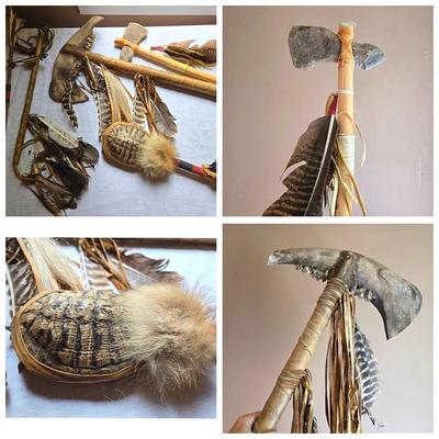 Native American Bone Tomahawk, Turtle Shell Rattle, Arrows