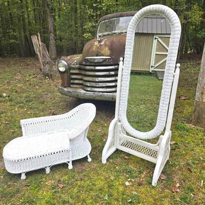 White Wicker Child's Chair & Floor Mirror 