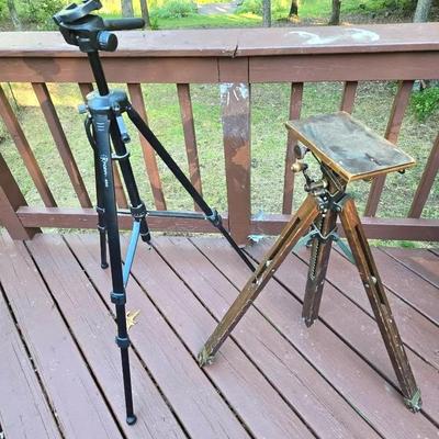 Vintage Wooden Camera Tripod & Newer Metal Tripod