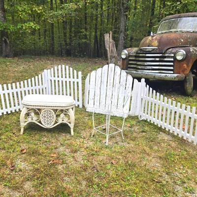 Cottage Vignette Set: Picket Fencing, Wicker Bench, Garden Chair