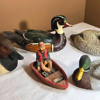 Duck Decoy Handmade Art, Signed, Fisherman In Boat
