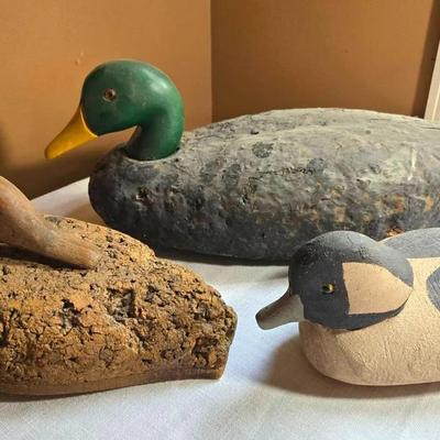 3 Carved Wood Decoy Ducks 1 Signed By Artist