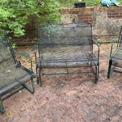 Wrought Iron Glider And 2 Spring Base Chairs Set