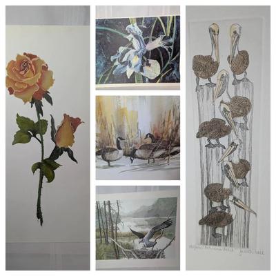 Group Of Signed Flower & Bird Prints