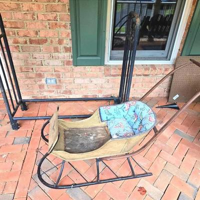 2 Vintage Sleds & Cast Metal Firewood Rack