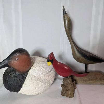 Carved Duck Decoy, Shore Bird & Cardinal 