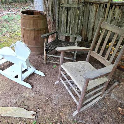 Primitive Farmhouse; Chairs, Barrel, Rocking Horse