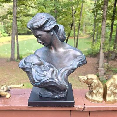  Austin Sculpture Mother & Child, Brass Dog Bookends & Bug
