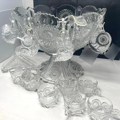 Possibly Crystal Punch Bowl On Stand  With 11 Cups 