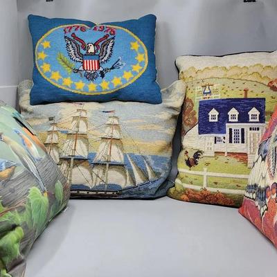 Vintage Needlepoint/Cross Stitched Colonial And Bird/Butterfly Themed Pillows