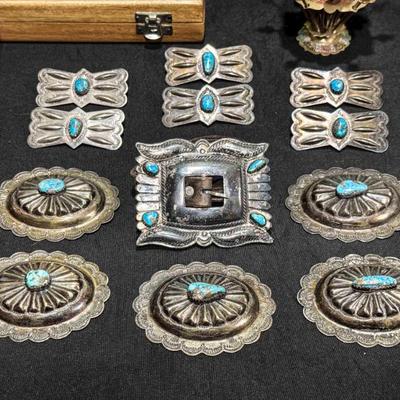 Solid silver and turquoise stone Navajo belt buckle.