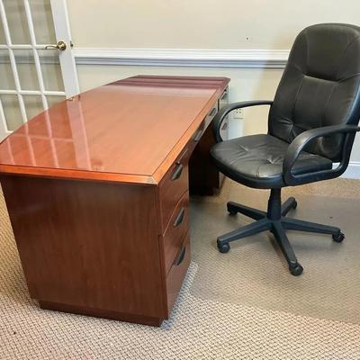 Cherry Wood Executive Desk with Black Leather Office Chair