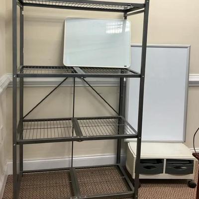 Metal Wire Shelf Unit, Whiteboards & Plastic Drawer Organizer