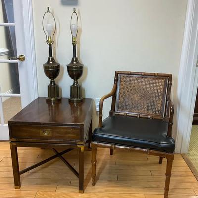 Vintage Guilford Galleries Side Table, Pair of Brass Lamps & Bamboo-Style Accent Chair