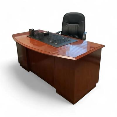 Cherry Wood Bow Front Executive Desk And Chair  With Office Supplies 