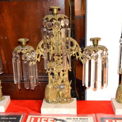  Figural Brass and Marble Girandole Set 