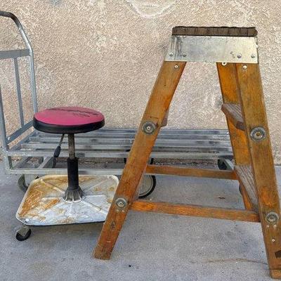 2538 • snap on shop chair, wooden step ladder, aluminum cart