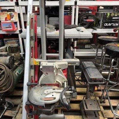 2158 • craftsman table saw, 8” drill press, miter saw, and levels