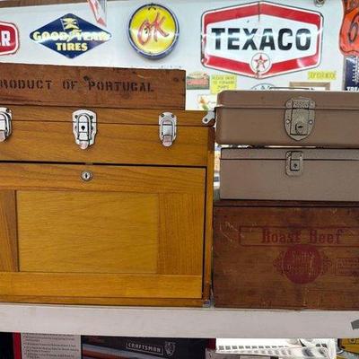 2102 • wooden tool chest, wooden crate, and metal storage boxes