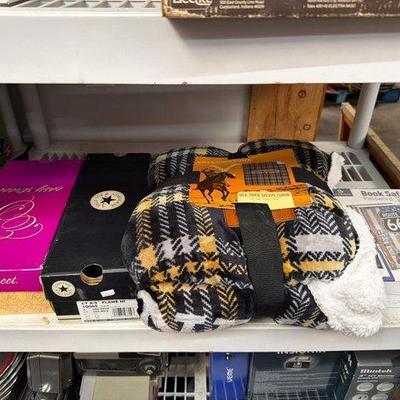 Sale Photo Thumbnail #212: 2368 • sherpa throw blanket, book safe, and shoes