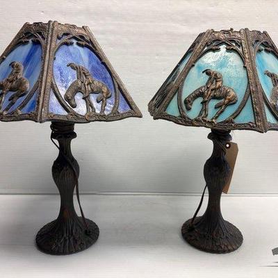 8124 • 2 stained glass decorative brass lamps