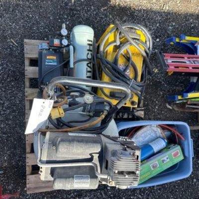 81012 • 2 air compressors, 1 welder, 1 toolbox, bin of assorted tools
