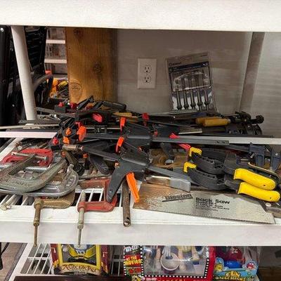 2384 • clamps, kobalt chisel set, saws, come along