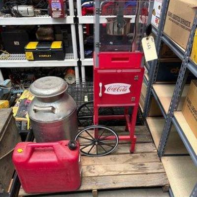 2164 • coca cola popcorn machine, gas can, animal crates, milk jug