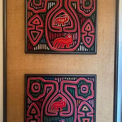 Pair of Framed Traditional Kuna Mola Textiles with Animal Motifs