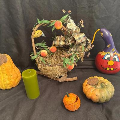 Fall Harvest & Halloween Decor Lot: Painted Gourd, Faux Pumpkins, Bird Nest Wreath