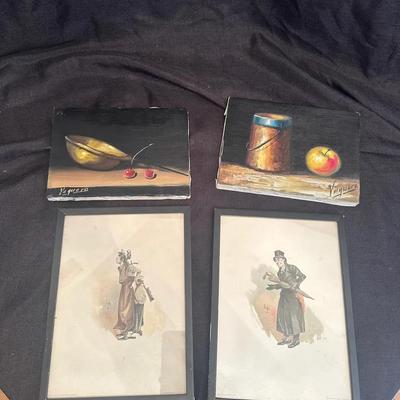 Set of Framed Artworks: Signed Still Lifes and Vintage Character Prints